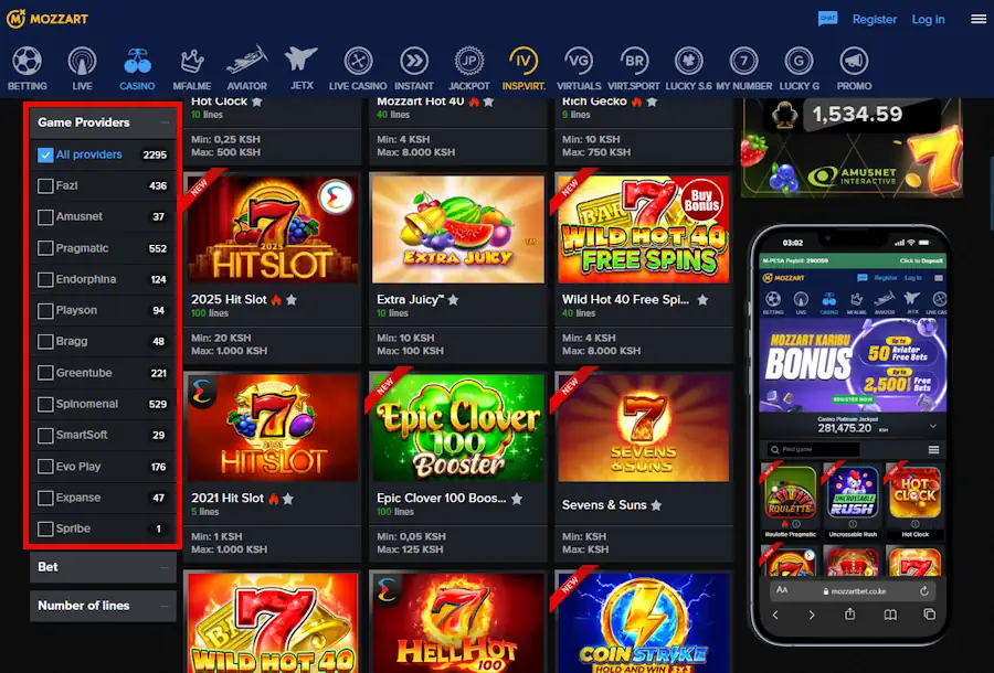 MozzartBet Casino Games and Providers and Mobile View Screenshot